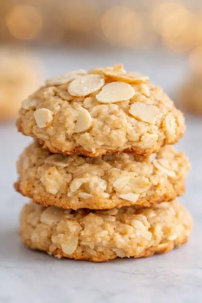 Stack of golden sugar free oatmeal cookies with almond flour
