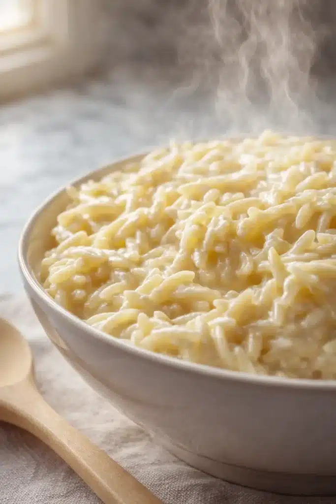 Creamy Cottage Cheese Orzo | Quick & Amazing Dinner Recipe 6 Steaming creamy cottage cheese orzo in a white bowl with wooden spoon