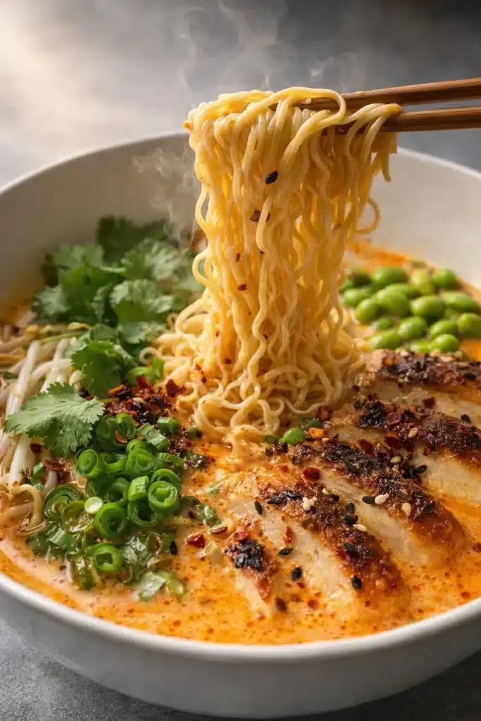 Steaming Marry Me Chicken Ramen with noodles lifted by chopsticks
