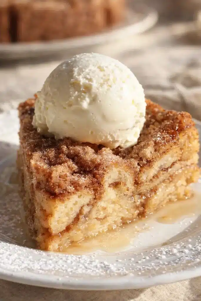 Sweet cinnamon swirl eggnog bread pudding slice with vanilla ice cream and powdered sugar