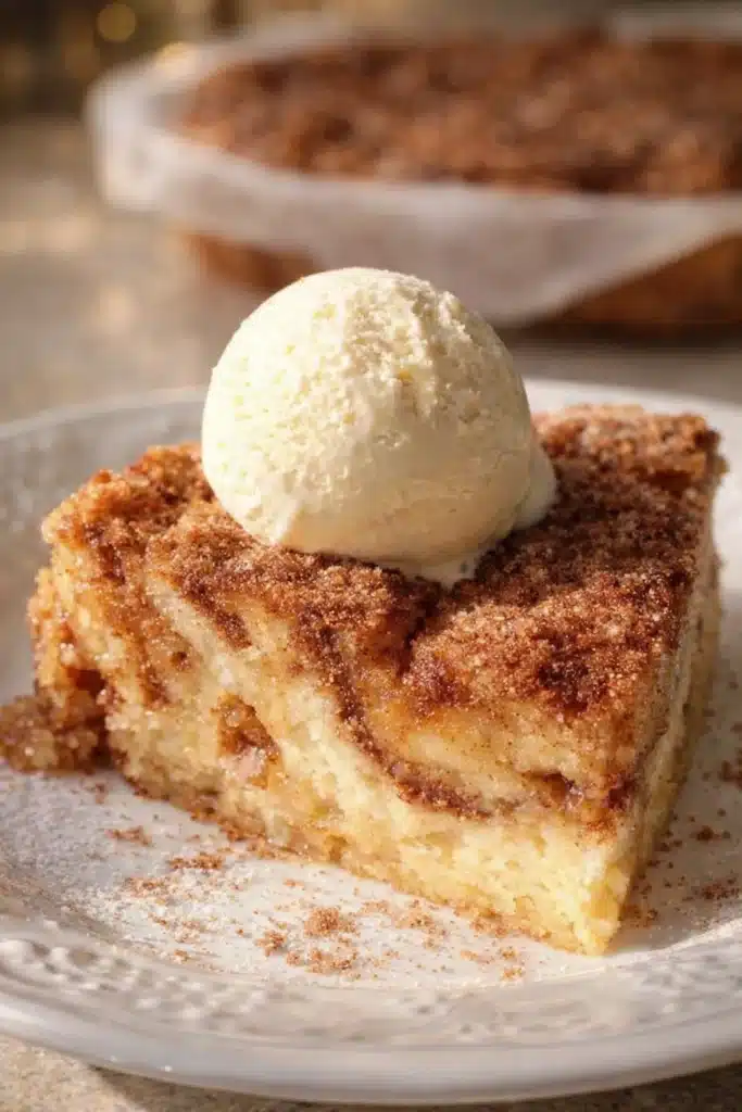 Sweet cinnamon swirl eggnog bread pudding slice with vanilla ice cream on white plate