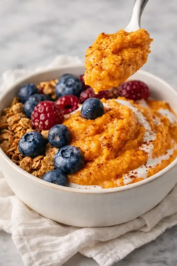 Sweet potato breakfast bowl with yogurt, berries, and granola in white bowl