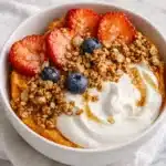 Sweet potato breakfast bowl with yogurt, granola, strawberries, and blueberries
