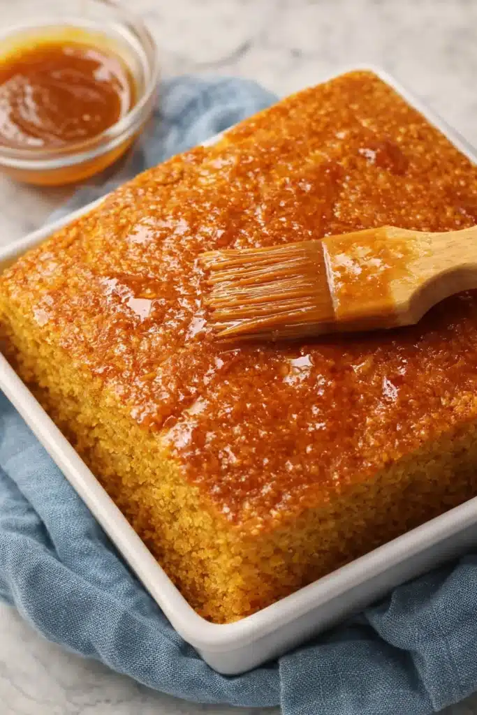 Easy Sweet Potato Cornbread Recipe | Cozy Breakfast Bake 5 Brushing honey butter glaze over golden sweet potato cornbread