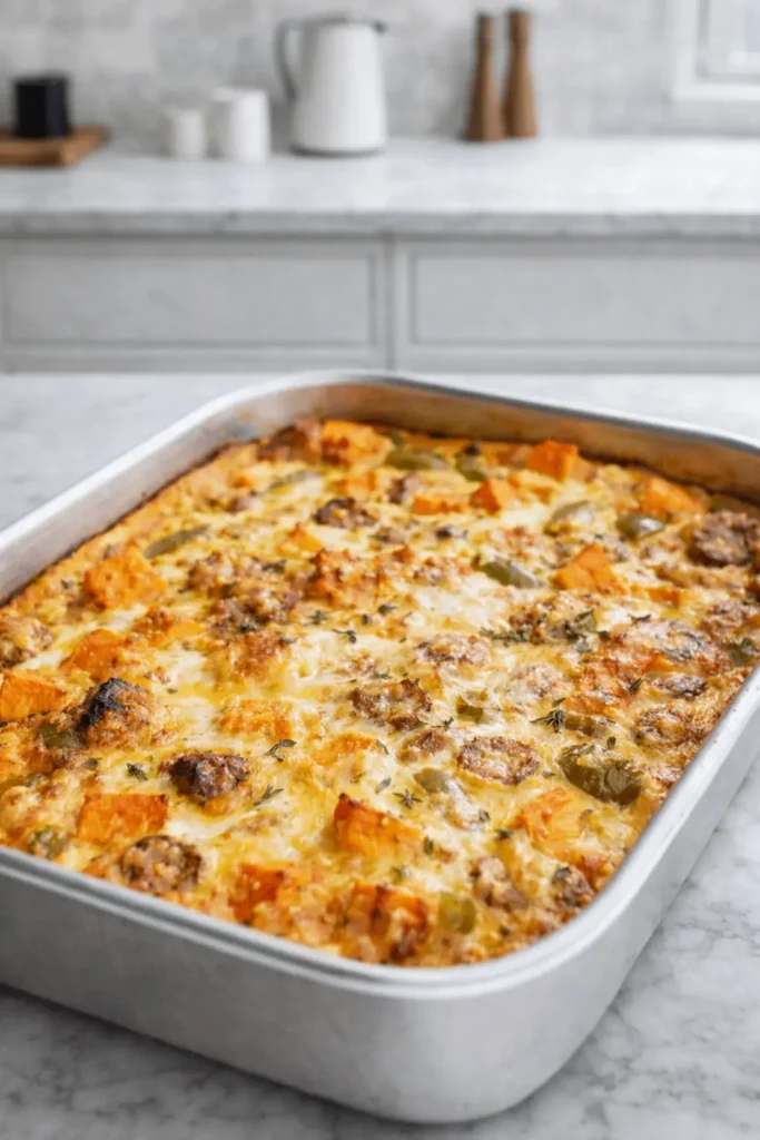 Golden sweet potato egg casserole in a silver baking dish on a marble table