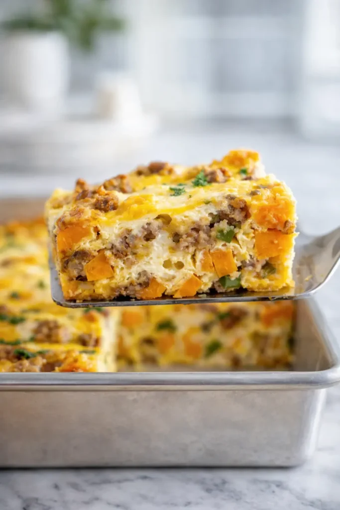 Slice of sweet potato egg casserole lifted on spatula over baking dish on white-gray table