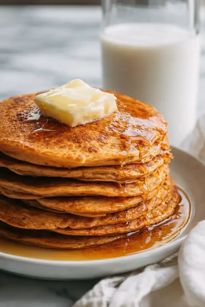 Sweet Potato Pancakes – Soft, Fluffy & Easy Breakfast 5 Golden sweet potato pancakes with melting butter and maple syrup on marble table