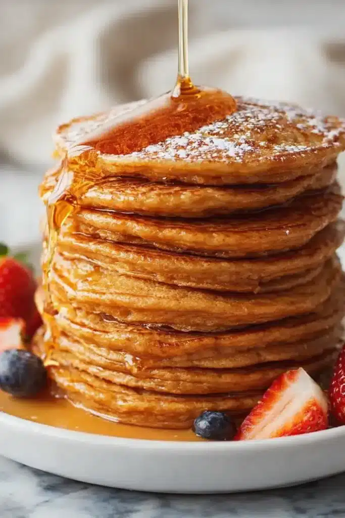 Sweet Potato Pancakes – Soft, Fluffy & Easy Breakfast 6 Sweet potato pancakes with maple syrup, powdered sugar, and berries