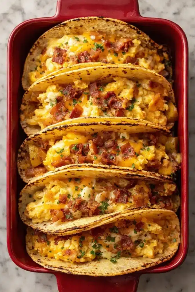 Tasty Baked Breakfast Tacos | Easy & Delicious Morning Treat 6 Tasty baked breakfast tacos with eggs, bacon, and cheese in a red baking dish