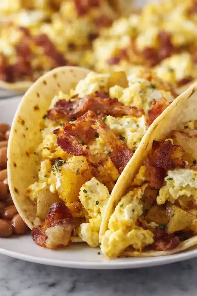 Tasty Baked Breakfast Tacos | Easy & Delicious Morning Treat 5 Tasty baked breakfast tacos with scrambled eggs, bacon, and potatoes on marble plate