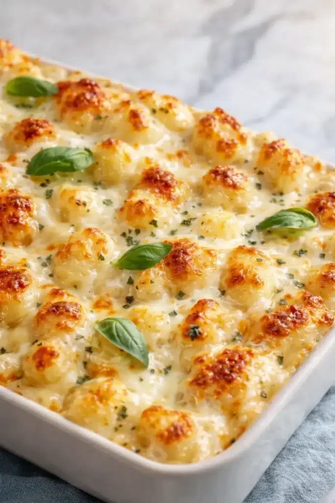 Golden baked gnocchi mac and cheese in white dish with basil leaves