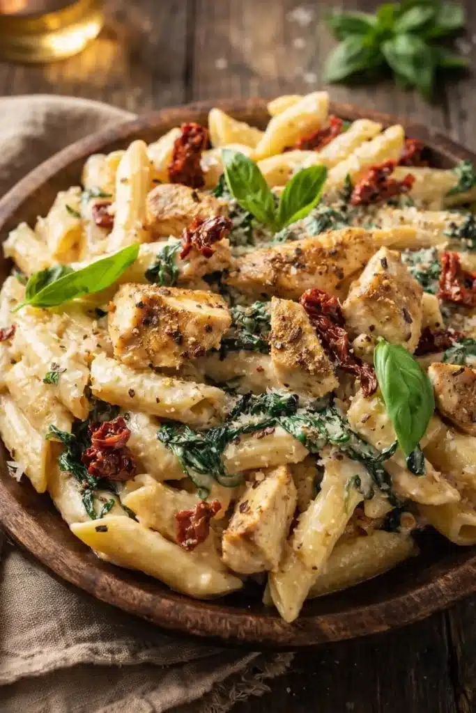 Tasty Marry Me Chicken Pasta in wooden bowl with basil and creamy Parmesan sauce