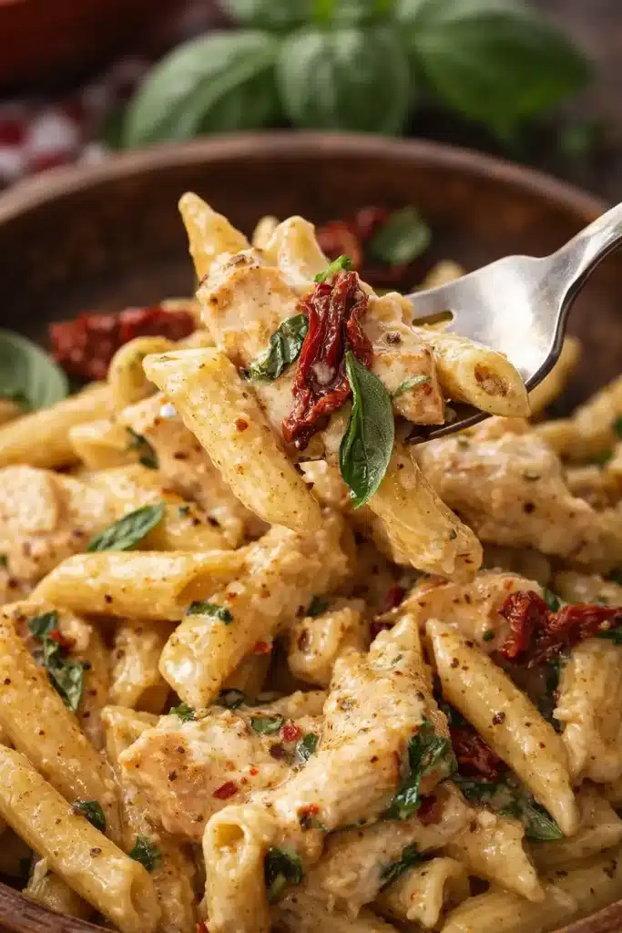 Creamy Marry Me Chicken Pasta on fork with basil and sun-dried tomatoes