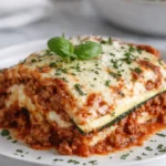 Close-up of zucchini lasagna with melted cheese, tomato meat sauce, and basil on a white plate