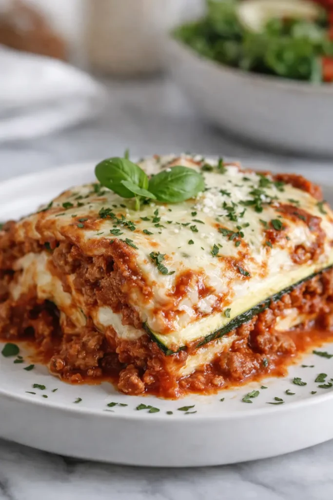 The Best Zucchini Lasagna Recipe | Simple, Cheesy & Low-Carb 7 Close-up of zucchini lasagna with melted cheese, tomato meat sauce, and basil on a white plate