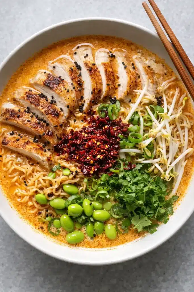 Creamy Marry Me Chicken Ramen bowl with chili oil and seared chicken