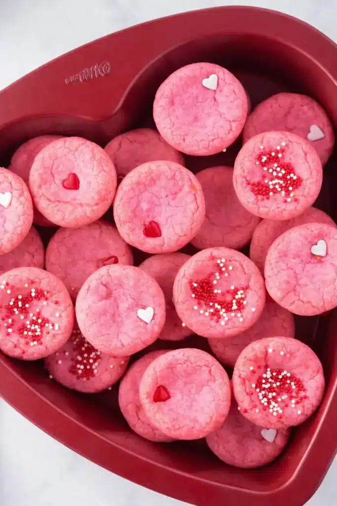 Pink Valentine’s Day cookie cups in red heart-shaped baking pan