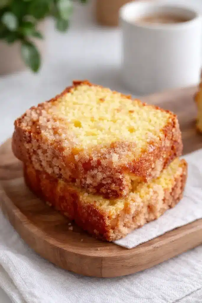 Close-up of vanilla eggnog bread with crumb topping on wooden board