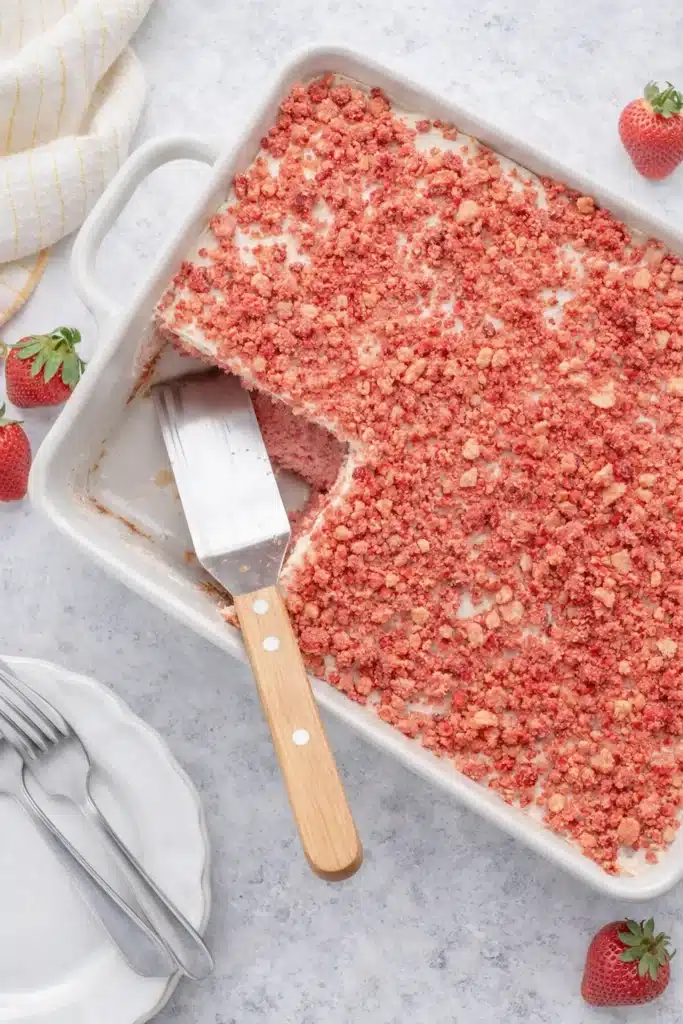 Whole Strawberry Crunch Cake with vanilla frosting and crumble topping