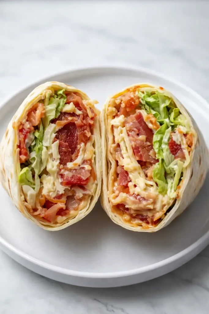 Zesty BLT wraps with bacon, lettuce, tomato, and chipotle mayo on white plate