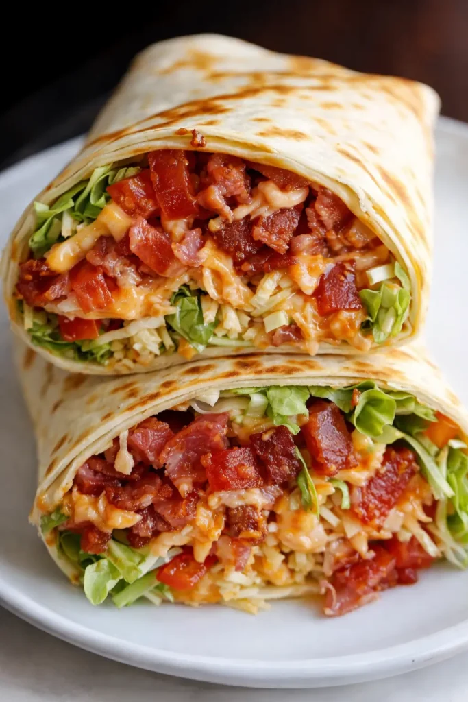 Zesty BLT wraps with crispy bacon, lettuce, tomato, and chipotle mayo