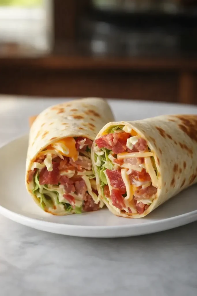 Zesty BLT wraps with bacon, lettuce, tomato, and chipotle mayo on white plate