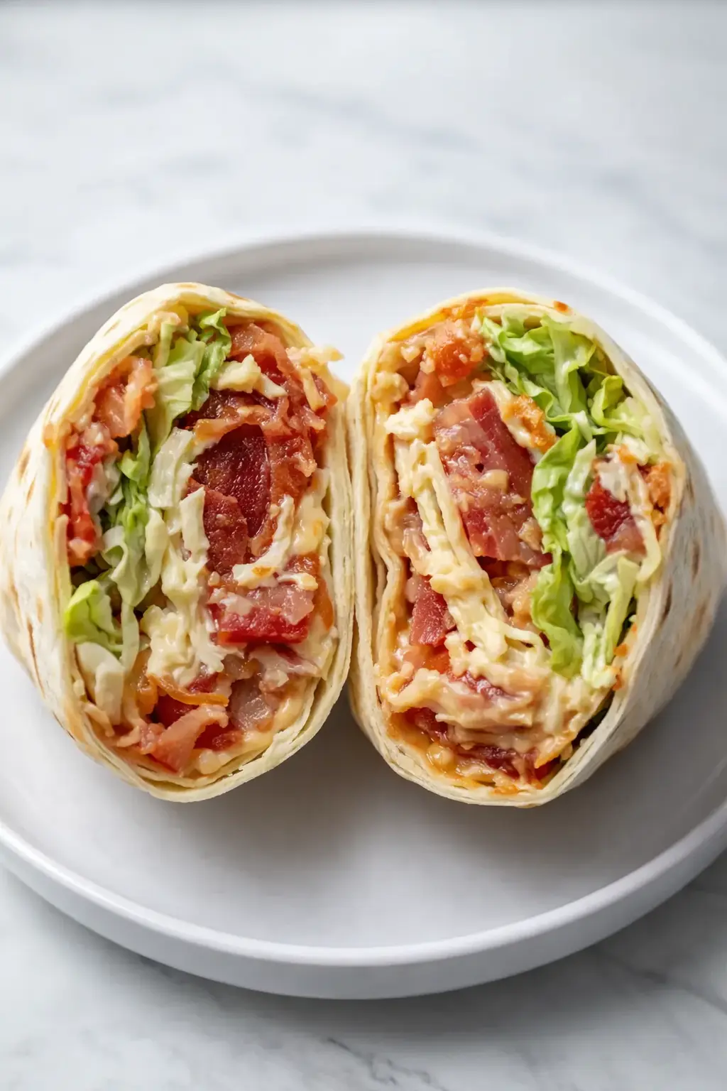Zesty BLT wraps with bacon, lettuce, tomato, and chipotle mayo on white plate