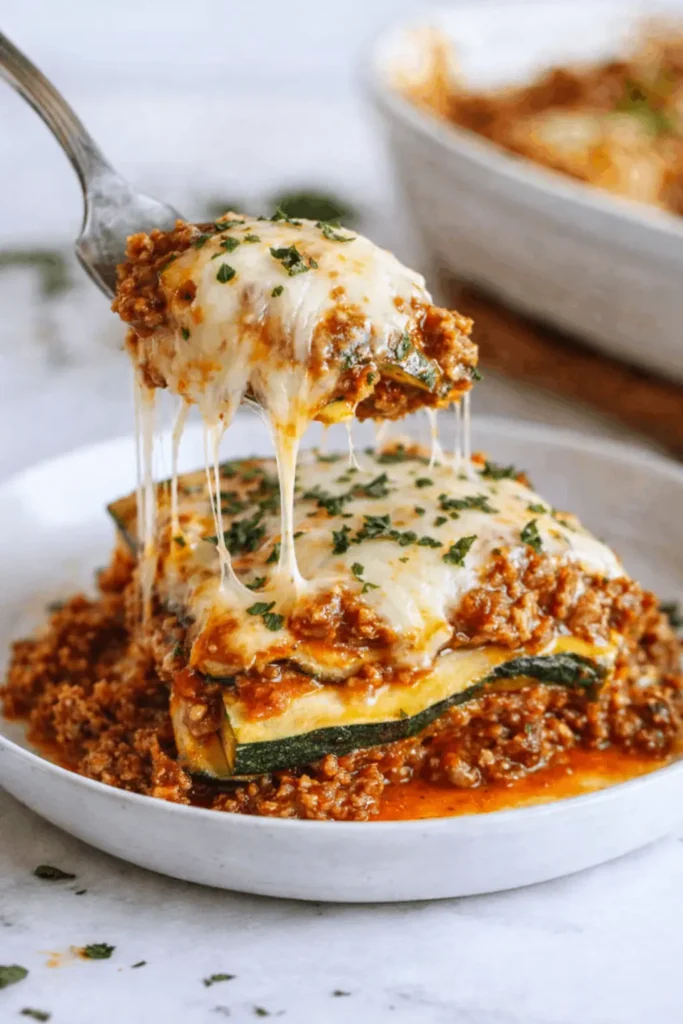 The Best Zucchini Lasagna Recipe | Simple, Cheesy & Low-Carb 6 Zucchini lasagna slice lifted with fork and melted cheese stretching