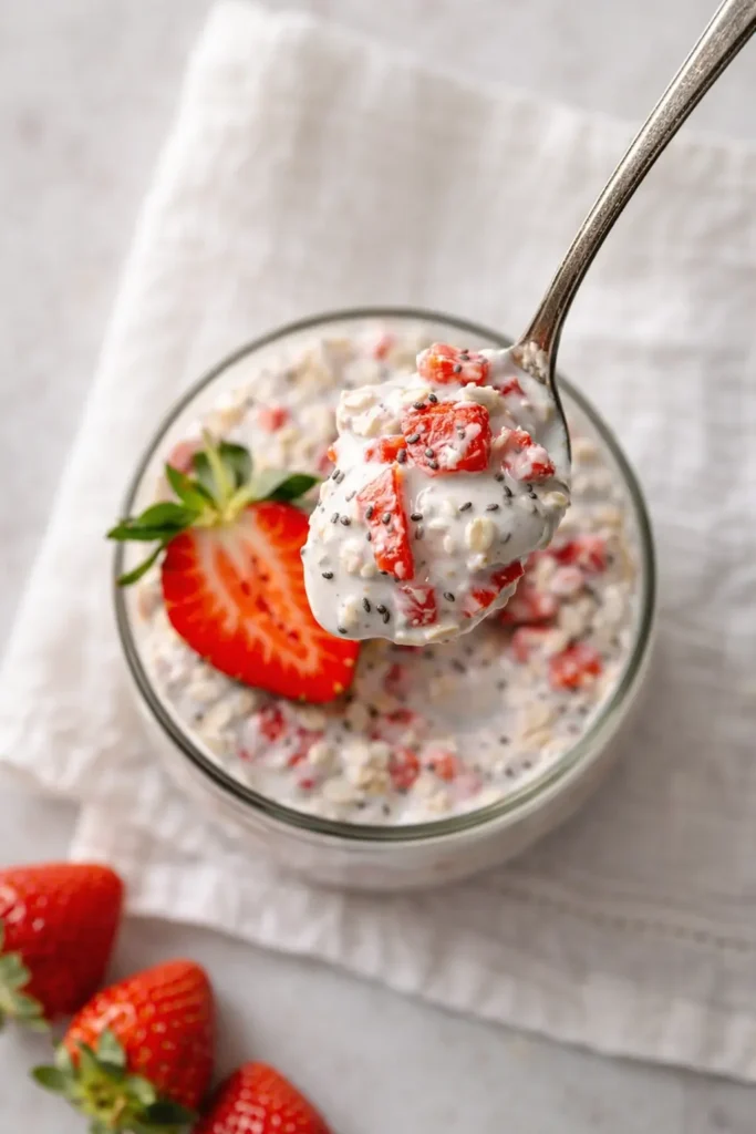 Healthy Strawberry Protein Overnight Oats | Simple Breakfast 6 Spoonful of healthy strawberry protein overnight oats with chia seeds over white napkin