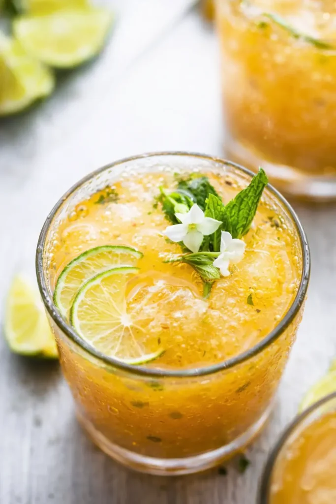 Pineapple apple cider vinegar drink with lime slices, mint, and ice in a chilled glass