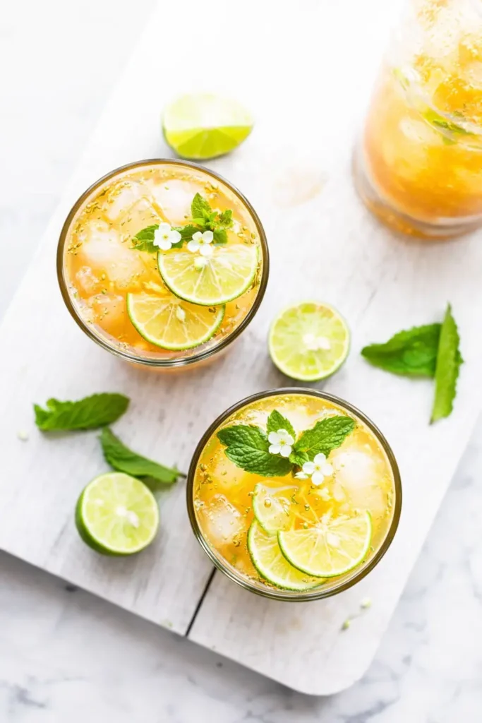 Two pineapple Apple Cider Vinegar Drink glasses with lime, mint, and ice on marble surface