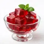 What are the 3 ingredients in the gelatin trick red gelatin cubes in a glass bowl with mint