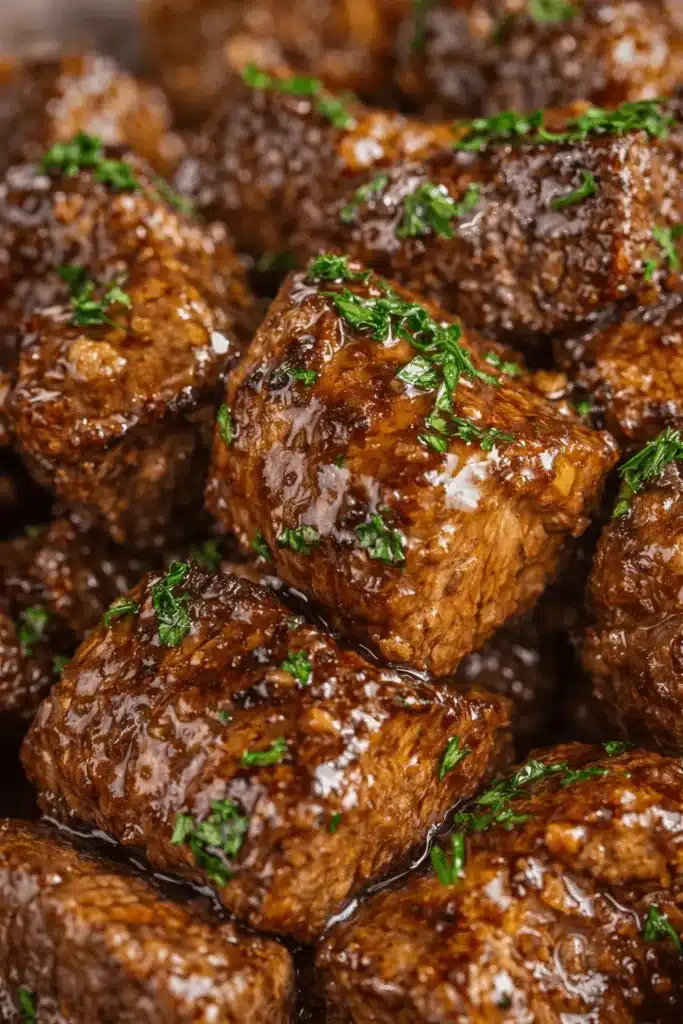 Close-up of garlic butter steak bites with parsley glaze