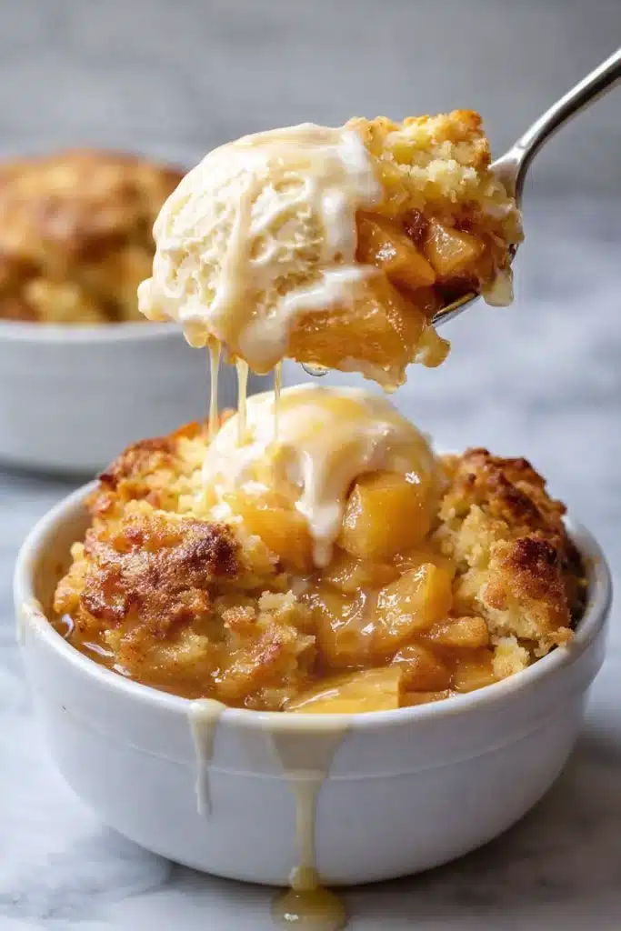 Irresistible Apple Cobbler | Easy & Comforting Dessert Recipe 5 Warm apple cobbler with melting vanilla ice cream and caramel drizzle