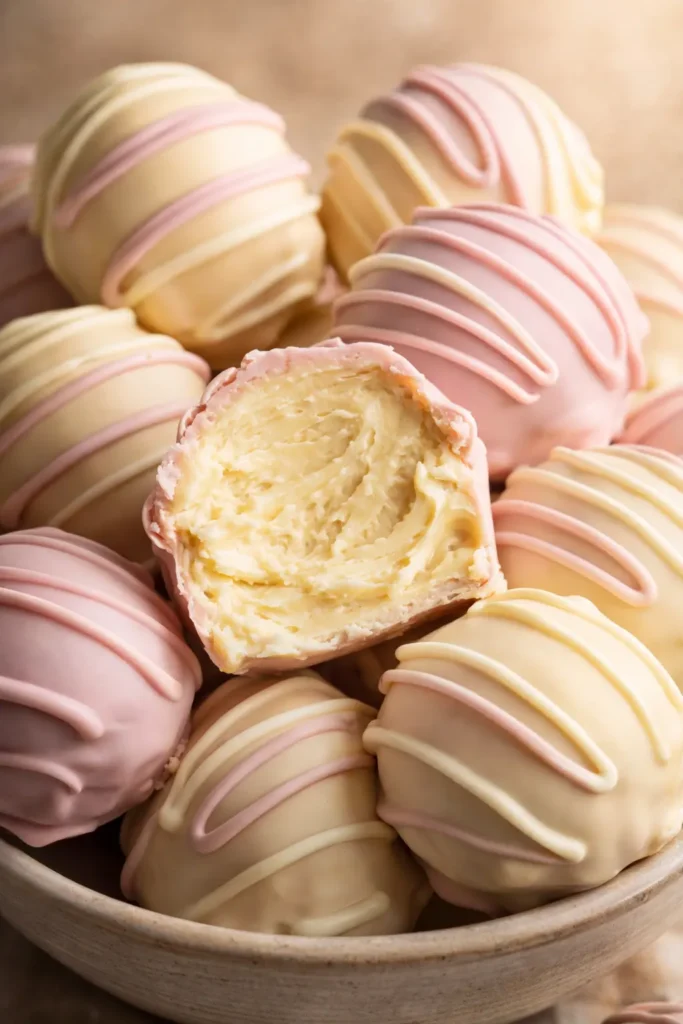 Close-up banana pudding Easter truffles with creamy filling