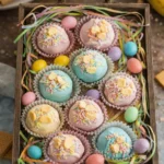 Pastel banana pudding Easter truffles with sprinkles in rustic tray