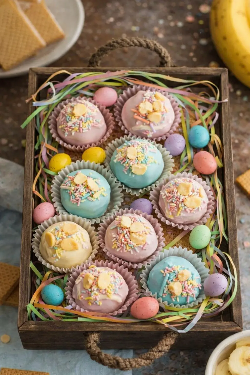 Pastel banana pudding Easter truffles with sprinkles in rustic tray