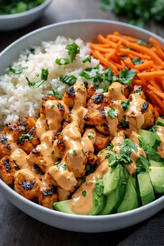 Bang Bang Chicken Bowl with creamy spicy sauce, rice, avocado and carrots