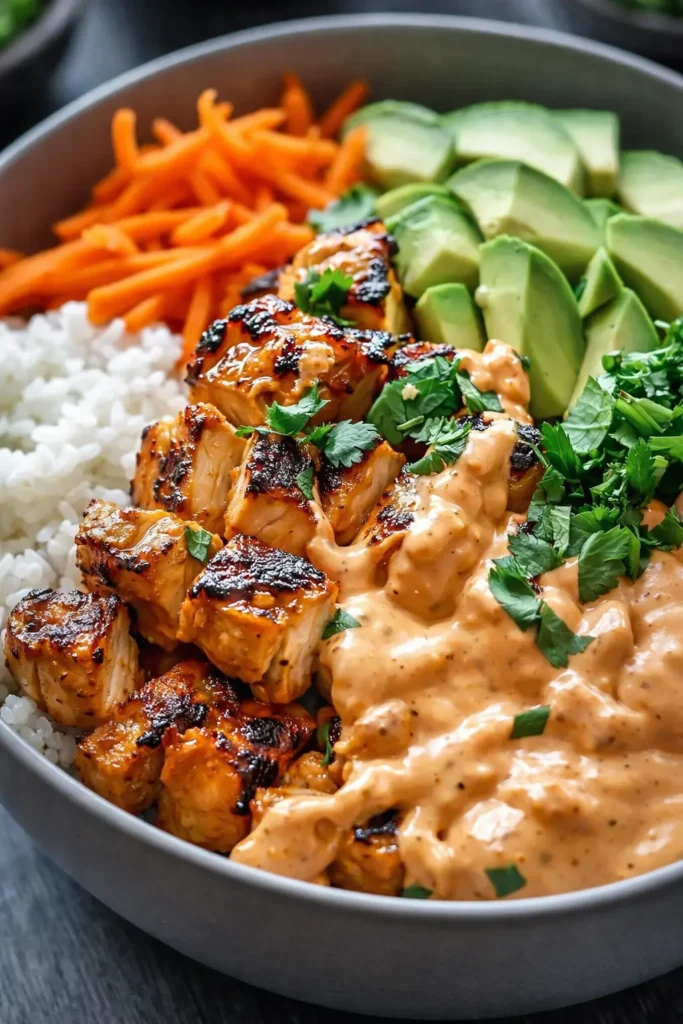 Bang Bang Chicken Bowl with rice, avocado, carrots and creamy spicy sauce