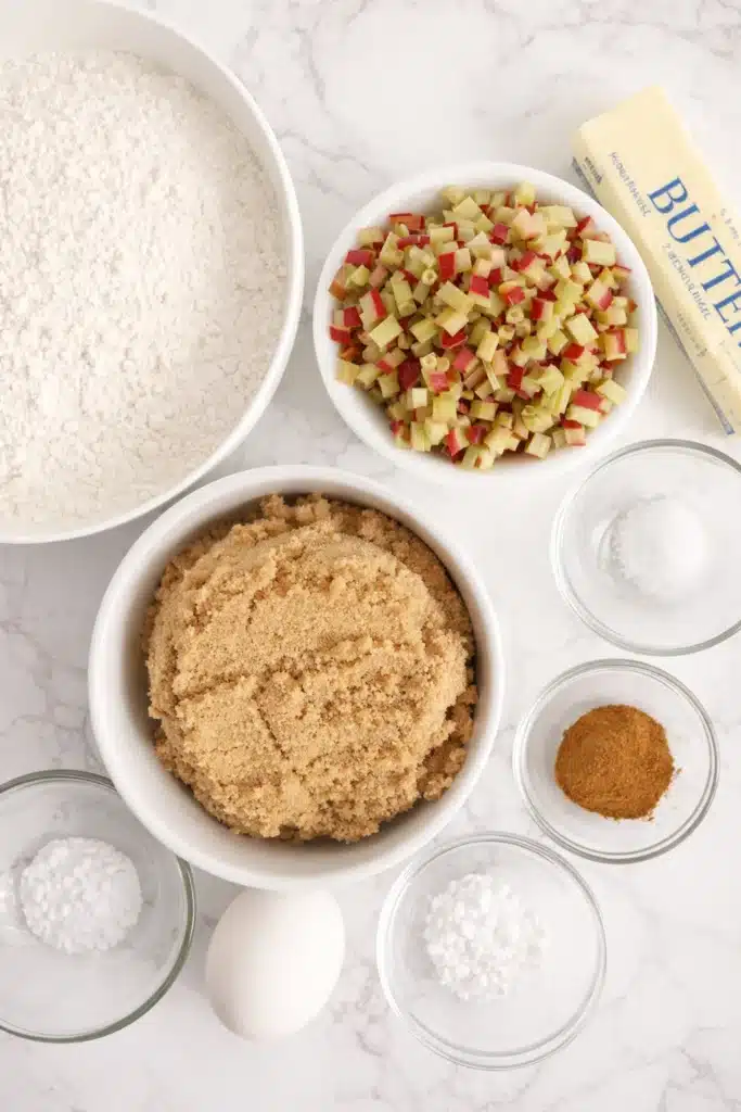 Brown Sugar Rhubarb Cookies Amazing Sweet Treat 7 Ingredients for Brown Sugar Rhubarb Cookies arranged on marble surface