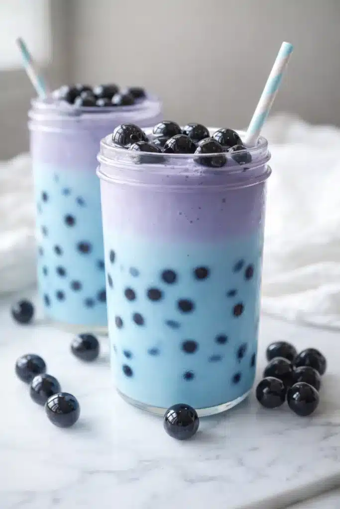 Butterfly blue boba tea in glass jars with pearls and lavender layer