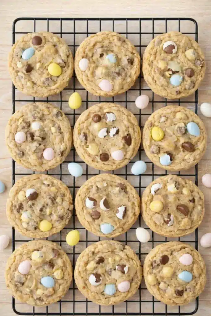 Cadbury egg cookies cooling on a wire rack with pastel mini eggs