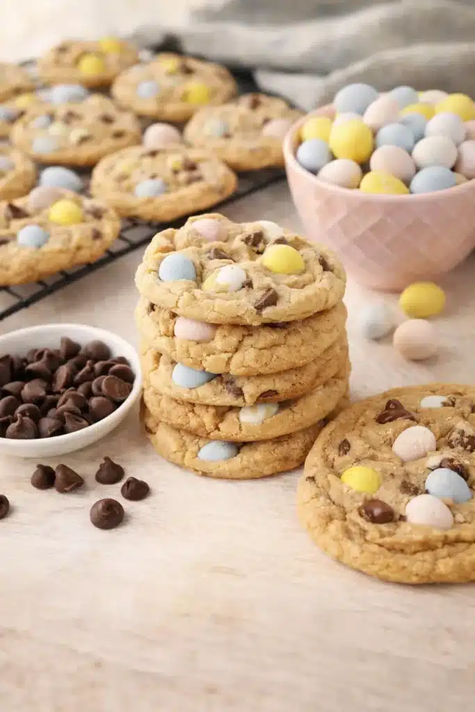 Stack of Cadbury egg cookies with pastel mini eggs and chocolate chips