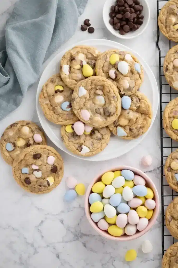 Cadbury egg cookies on plate with pastel mini eggs and chocolate chips
