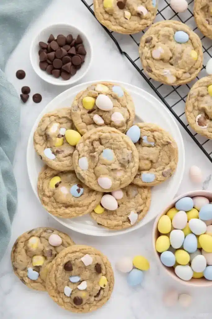 Cadbury egg cookies on plate with pastel mini eggs and chocolate chips