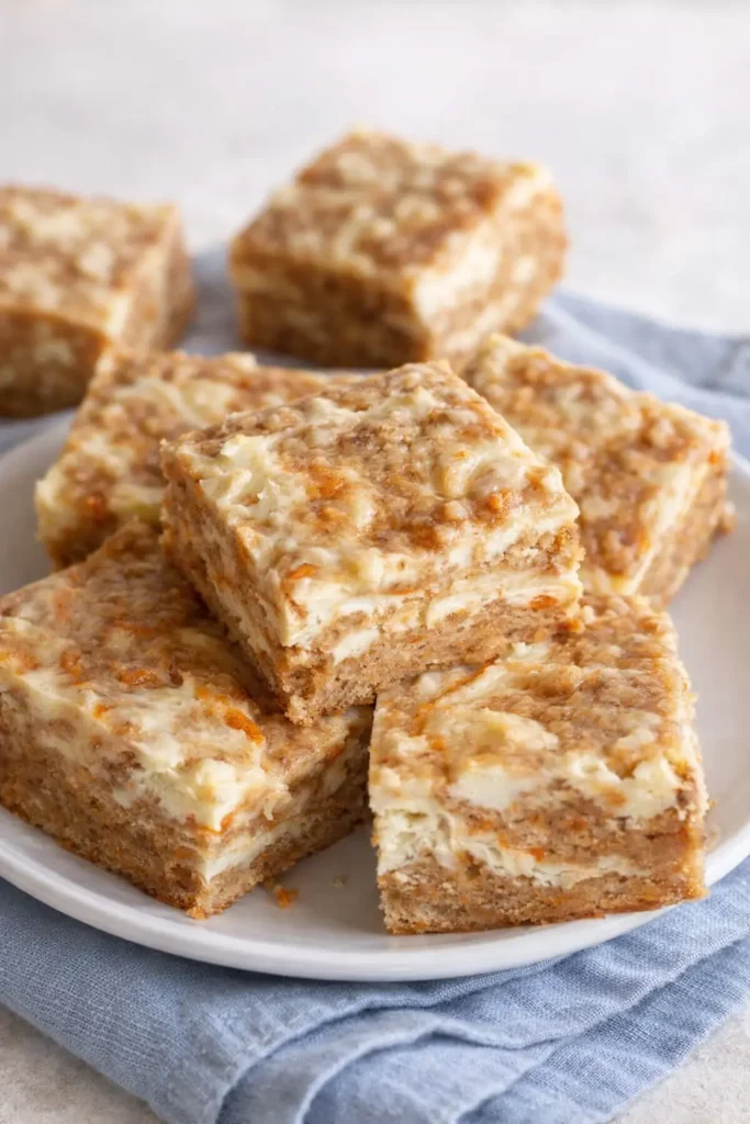 Moist carrot cake bars with cream cheese swirl