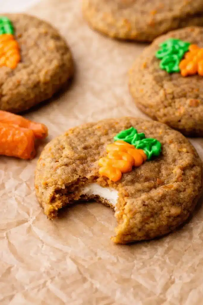 Bitten carrot cake cookie with cream cheese filling and frosting