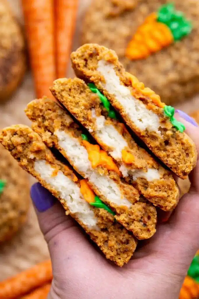 Hand holding carrot cake cookies with cream cheese filling and frosting