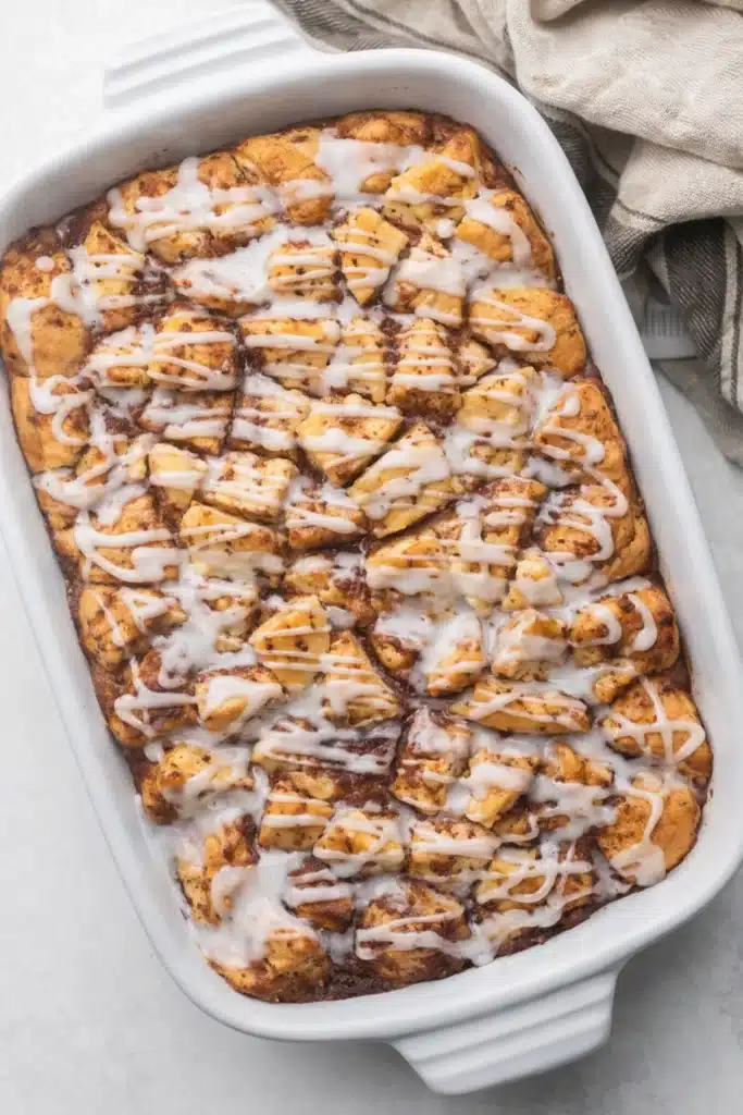 Overhead cinnamon roll casserole with vanilla glaze in white baking dish