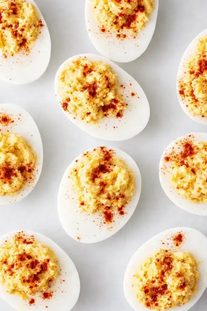 Classic deviled eggs with creamy yolk filling and paprika on white surface